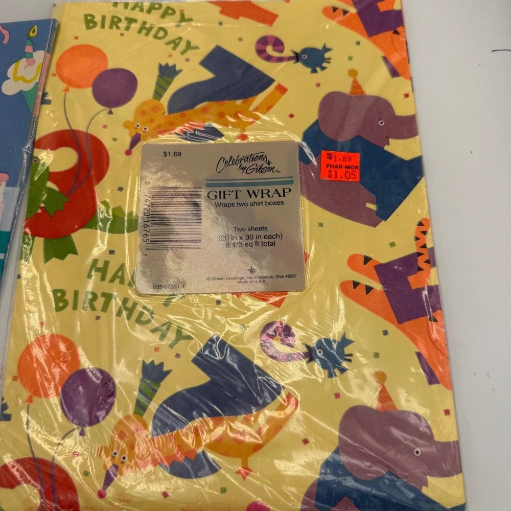 Vintage Gibson Cleo Birthday Gift Wrap 4 Sheets Animals Cake Retro Deadstock NEW
